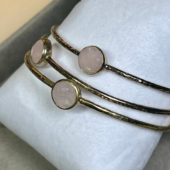 Julie Vos Gold Bangles Set of 3 Rose Quartz Pink Boho Luxe Stackable Bracelets - Picture 4 of 9